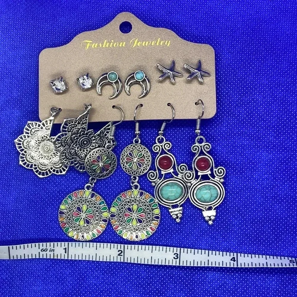 New boho earrings‎ crescent moon starfish geometric 6 pair multipack